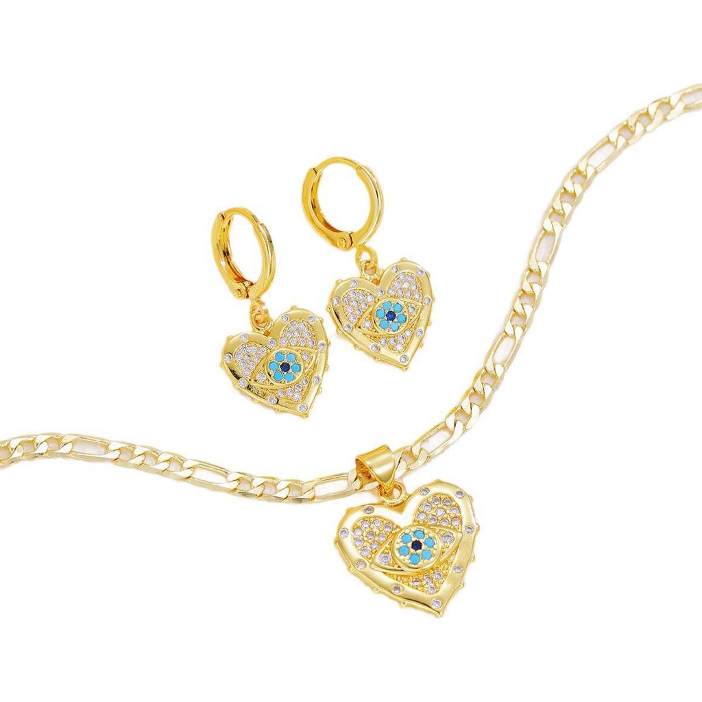 Модный набор ожерелья и серег с цирконом и подвесками в виде глаза и сердца с золотым покрытием