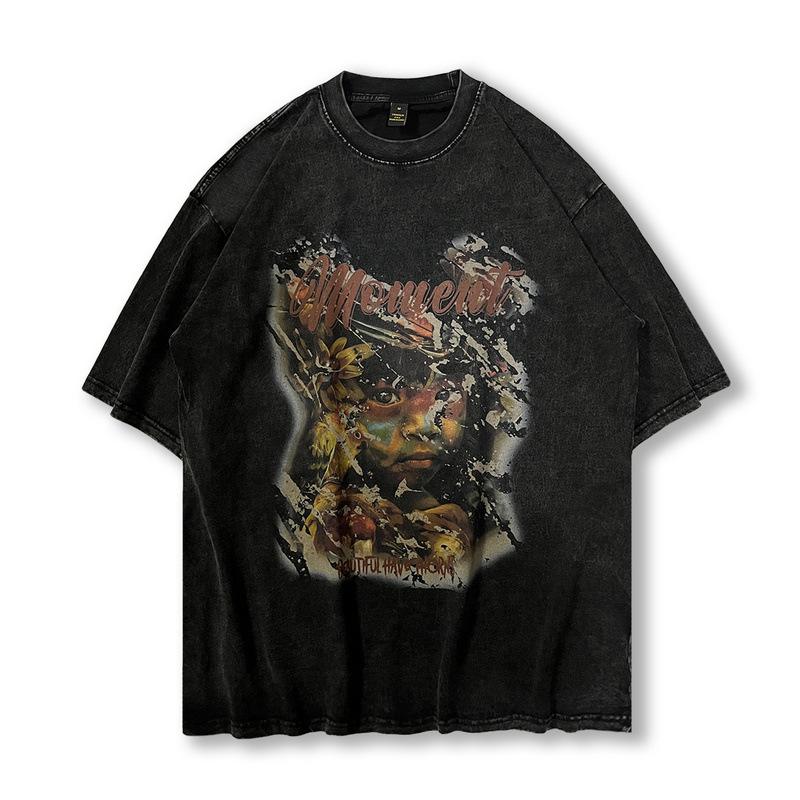 American Retro Street Vintage Cartoon Printing Washing Water Old Short-Sleeved T-Shirt Men'S And Women'S High Street National Tide Brand