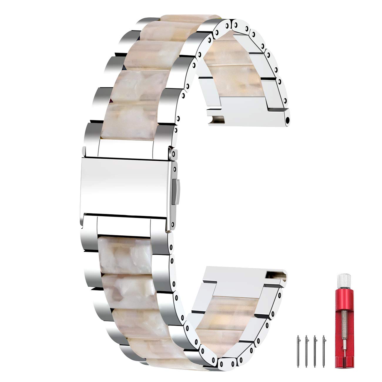 [Kai Tian] Metal Watch Band, Watch Strap, 22mm Stainless Steel Watch Band, Silver Flower