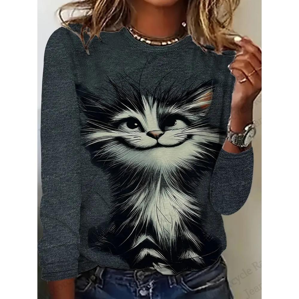 Two Cute Cat Patterns Graphic 3d Print T-Shirt Women's Long Sleeve T-shirt Women Clothing Top Fashion Casual Oversized Tops Tees