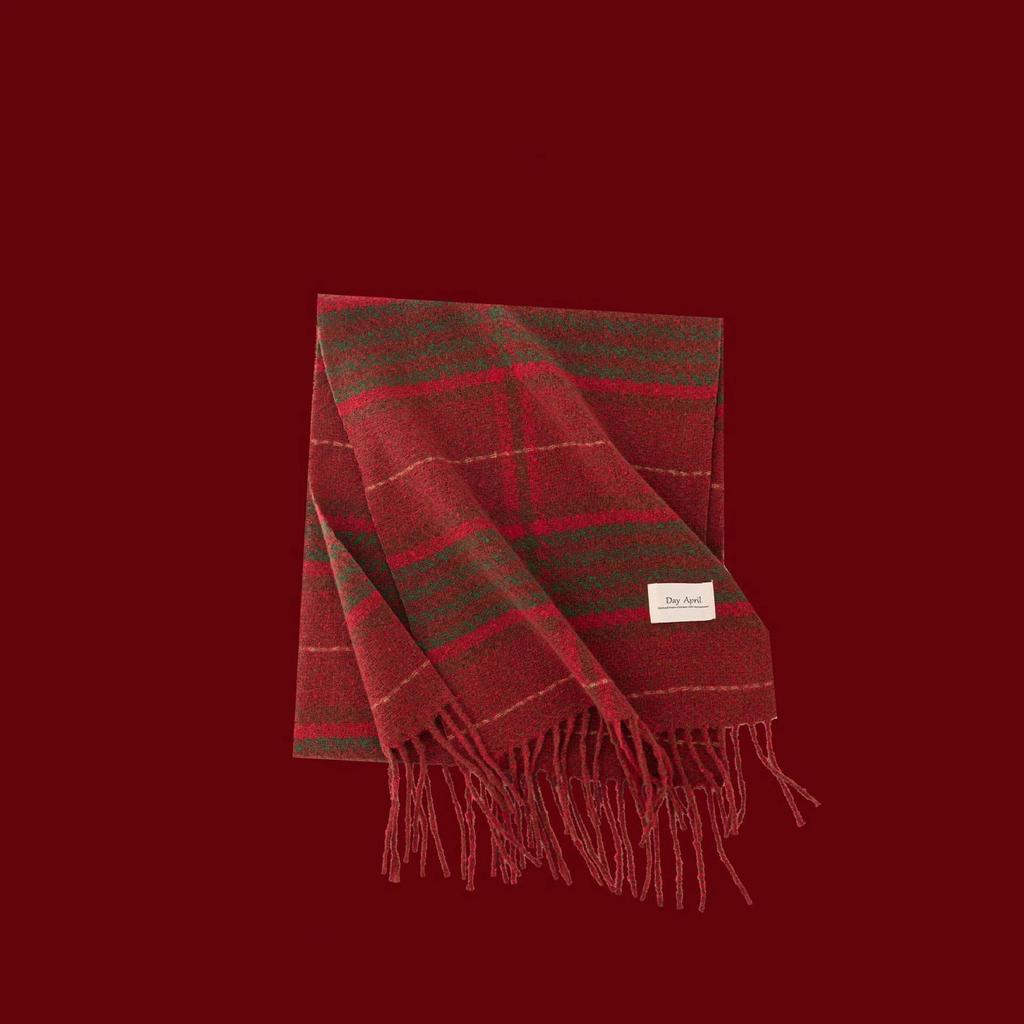 Cashmere Feel Autumn Winter New Year Plaid Scarf Korean Style Women's Faux Cashmere Ankle Red Neck Wrap Shawl Bib