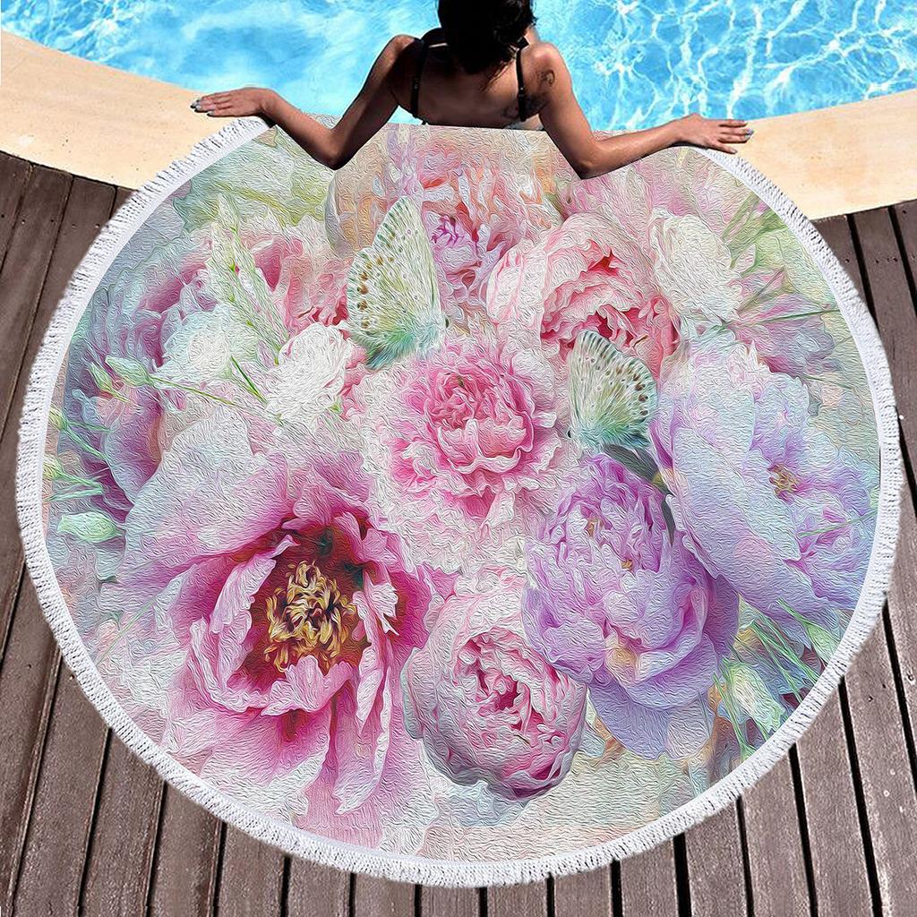 Botanical Peony Floral Round Beach Towel,Microfiber Sand Resistant Beach Blanket,Soft Absorbent Quick Dry Pool Towel Picnic Mat