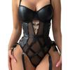 Solid Color Sexy Backless Deep V Bodysuit Pu Mesh Patchwork With Suspenders Sleeveless Charming Pure Desire   Bodysuit Women