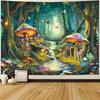 Blacklight Mushroom Tapestry UV Reactive Misty Forest Landscape Tapestry Fantasy Fairy Wonderland Butterflies Wall Hanging Water