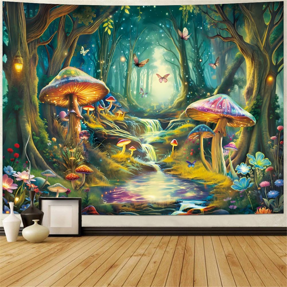 Blacklight Mushroom Tapestry UV Reactive Misty Forest Landscape Tapestry Fantasy Fairy Wonderland Butterflies Wall Hanging Water