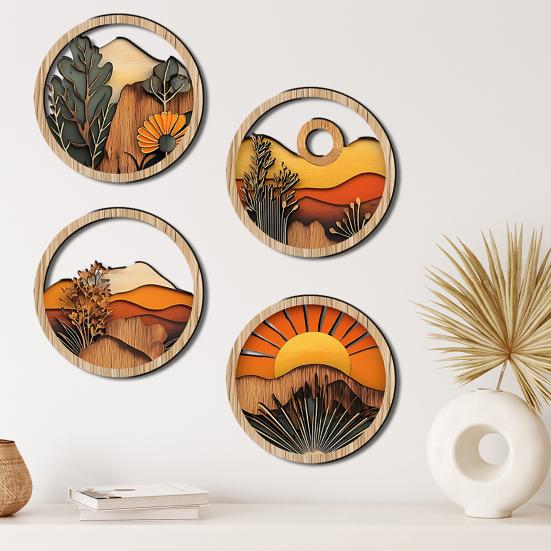 4 Pcs Boho Wall Art, Bohemian Sunset Mountain Plant Wall Decor, Wooden Round Circle Hollow Out Farmhouse Hanging Ornament for Bedroom, Living Room