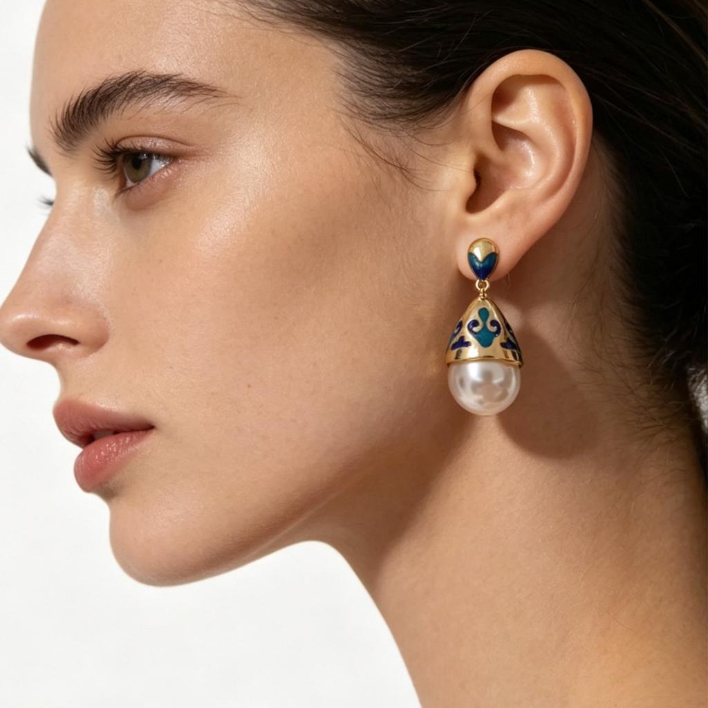 Blue Oil Painting Drip Glaze Ink Painting Palace Style Water Drop Pearl High-end Light Luxury Enamel Women's Earrings