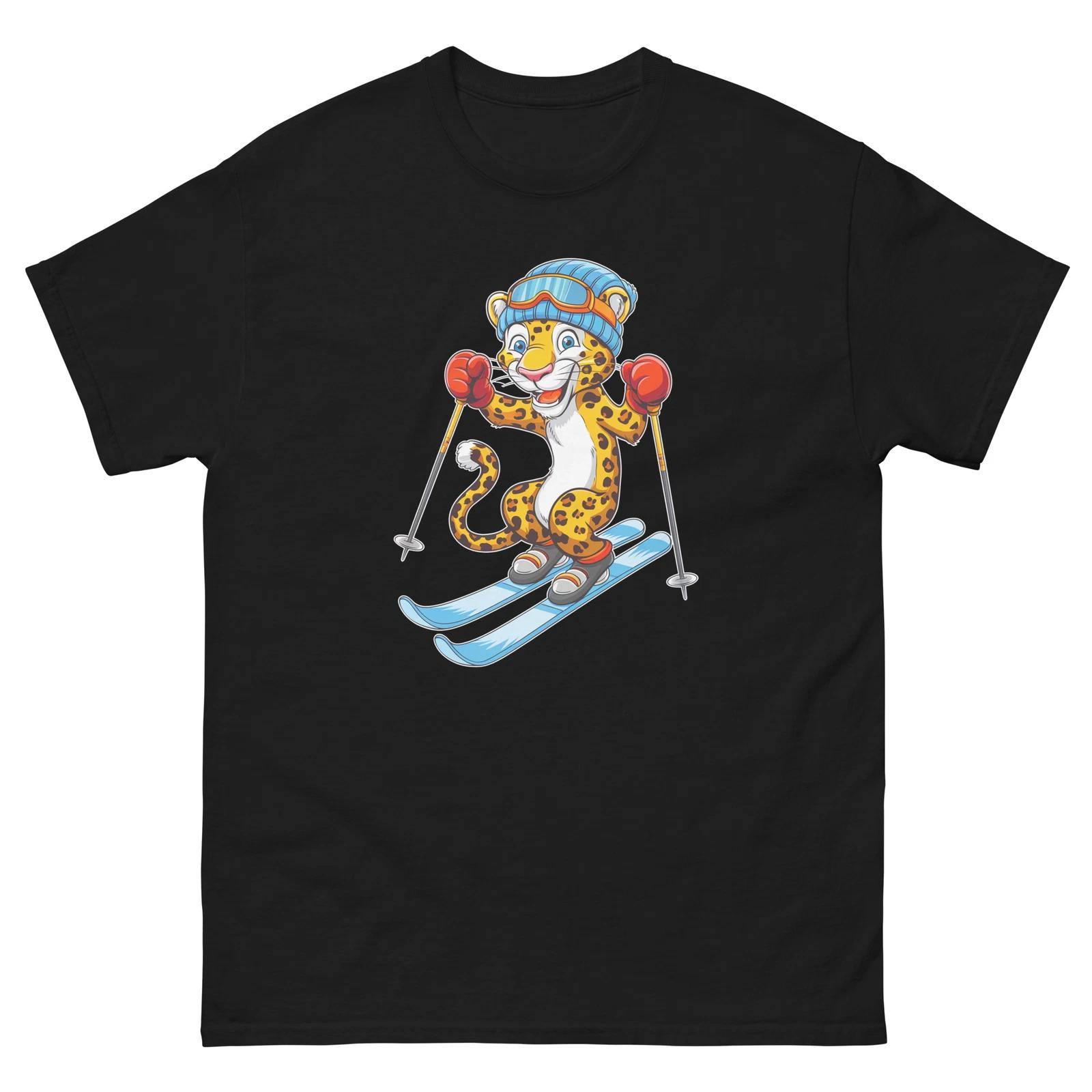 Leopard Skiing Skier Fun Cartoon Ski Shirt T-Shirt L