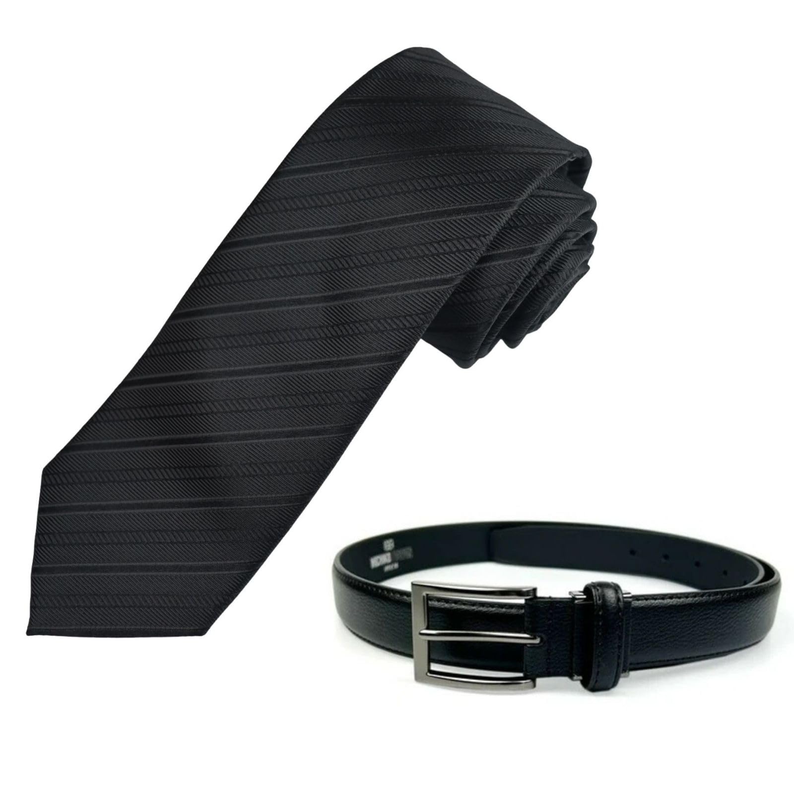 [Michiko London] Официальный двухпредметный комплект: Черный галстук-бабочка в полоску и ремень mkcp-bst-belt-set7