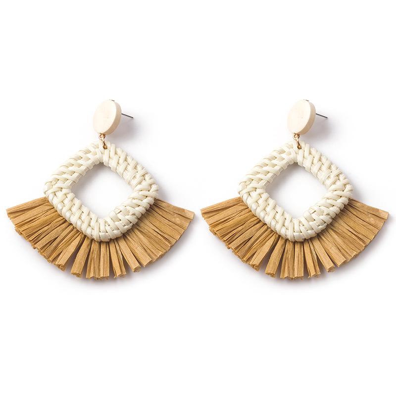Hand-Woven Geometric Rattan Raffia Earrings, Retro Resort Fan Stud Earrings, Earrings For Women