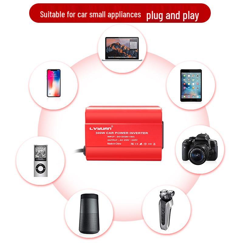 12V To 110V/220V Car Inverter with Dual USB & Cigarette Lighter Plug, 300W