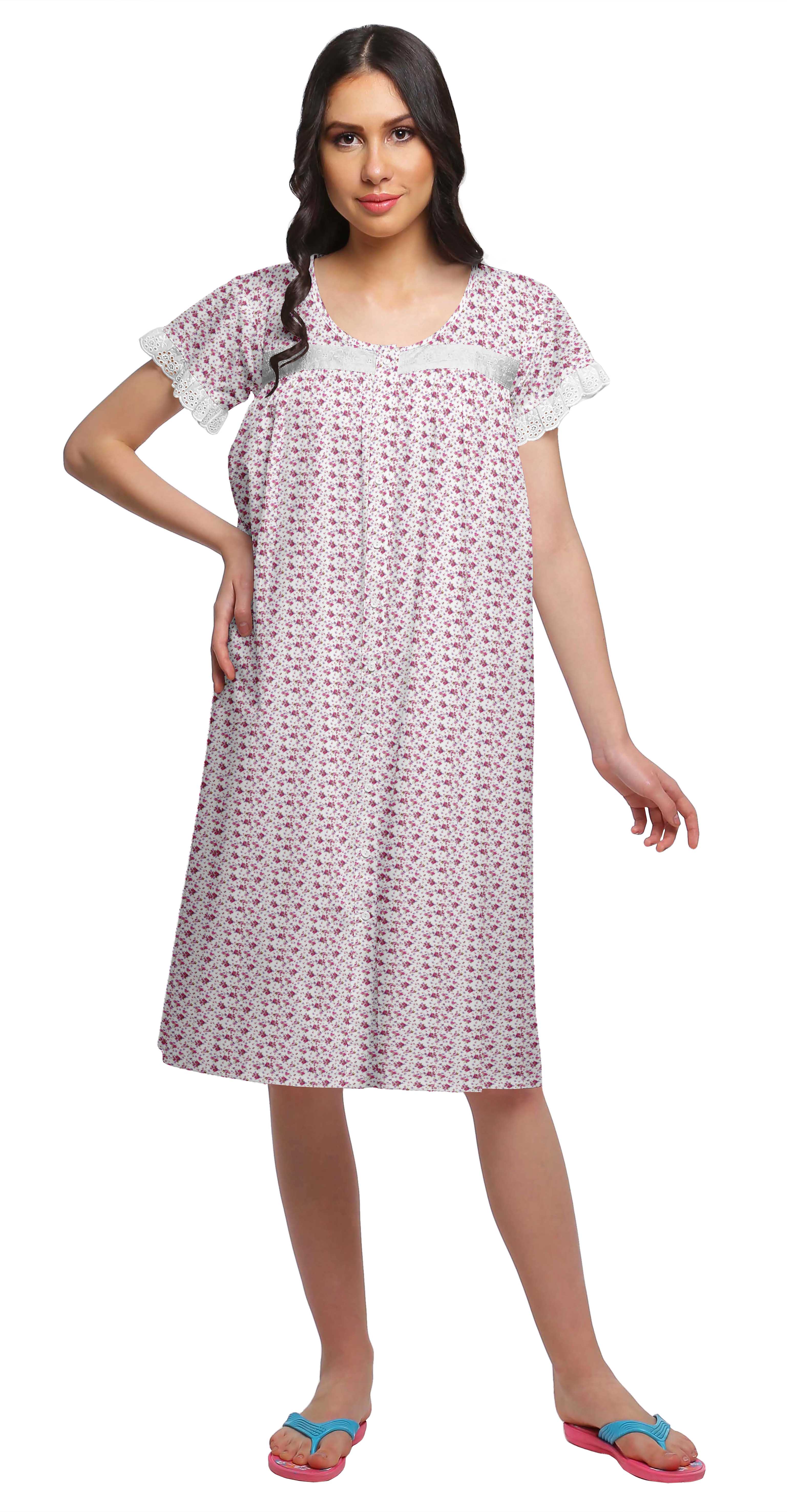 

Moomaya Printed Cotton Lace Border Sleepwear Women Short Sleeve Nightdress XS білий