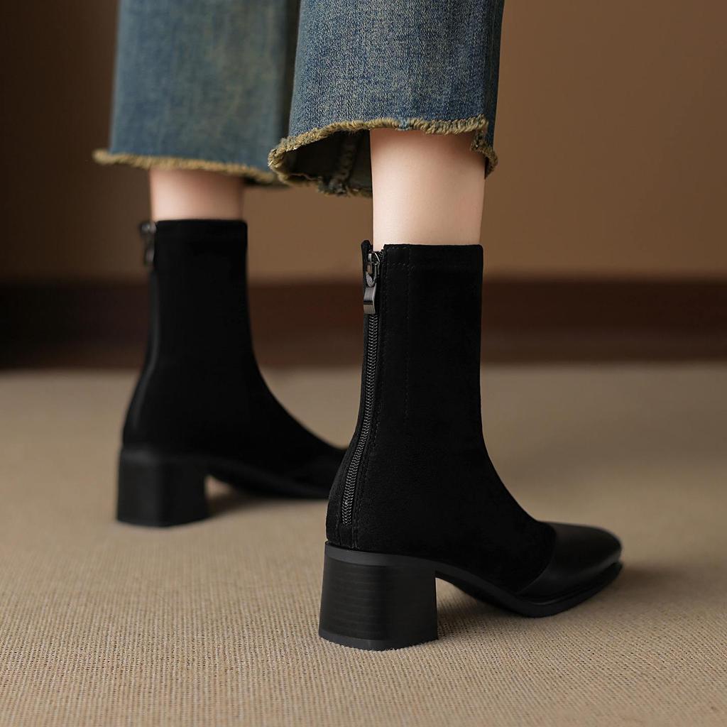Krazing Pot Microfiber Flock Round Toe Med Heels Elastic Boots Size 43 Slip On Women Patch Work Ankle Boots