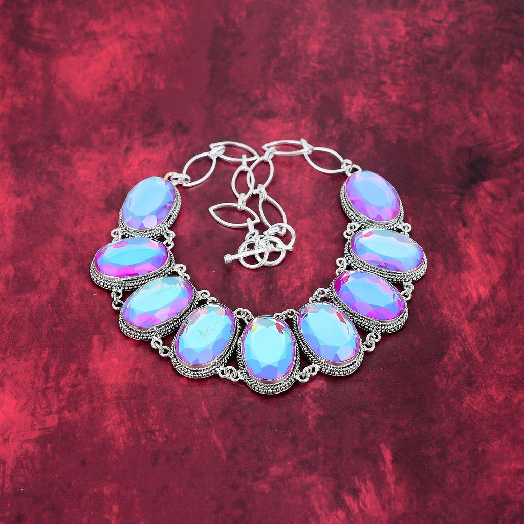 Faceted Mystic Topaz 925 Solid Sterling Silver Necklace with Adjustable Chain, Handmade Gemstone Jewelry Necklace For Memorial Day