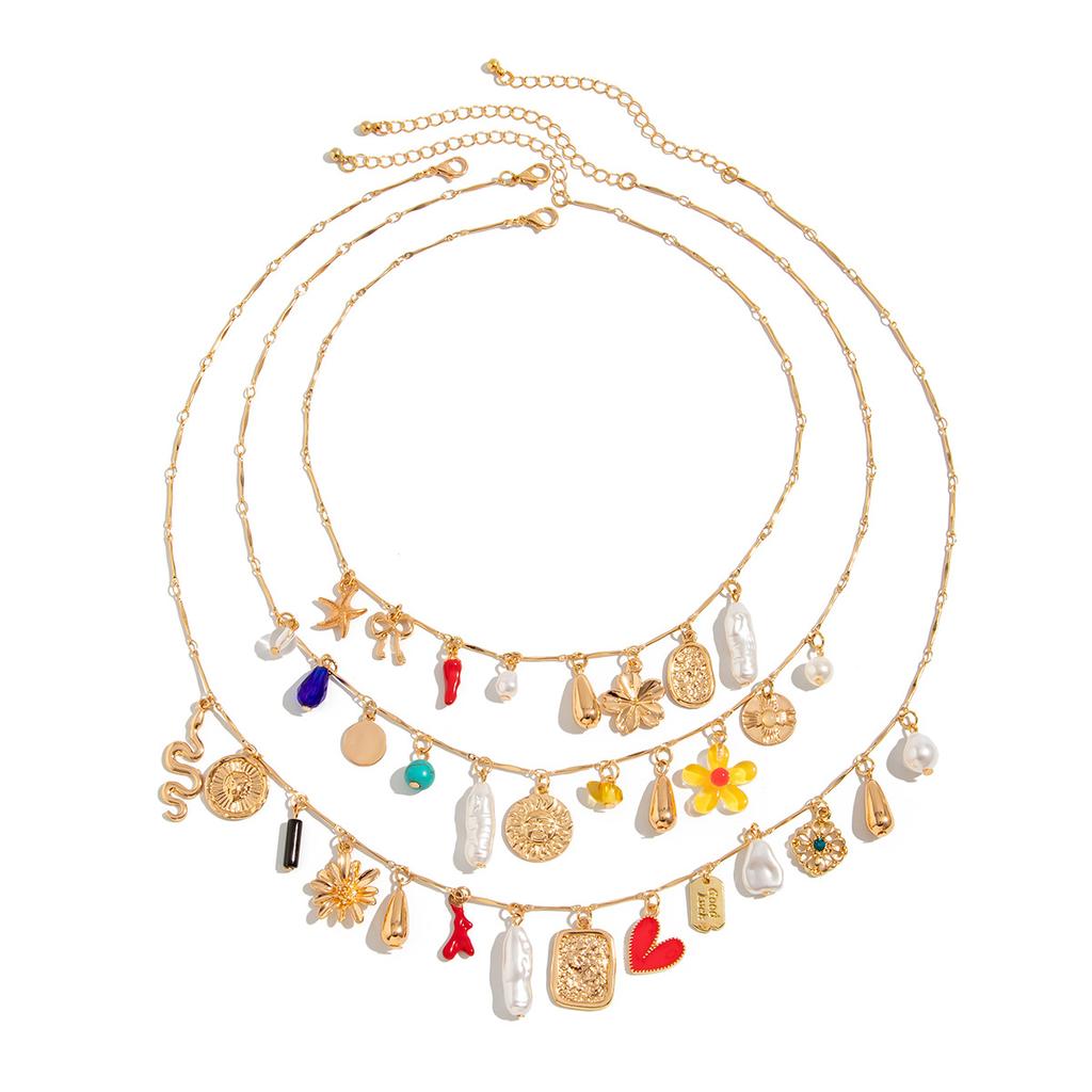 Style Design Multi-Layer Love Flower Tag Necklace, Creative Pepper Imitation Pearl Stacking Necklace