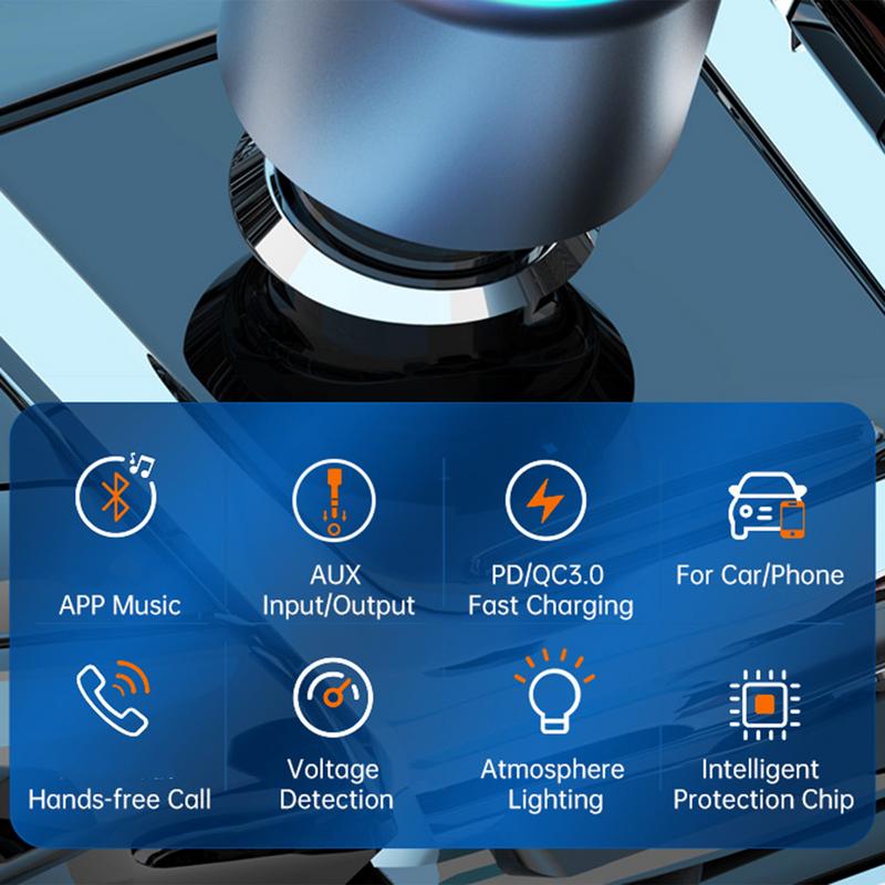 Car Fast Charger Colorful LED Light QC3.0 Car Charge Adapter MP3 Music Player Wireless FM Car Kit Hands-Free Calling Hi-Fi Music