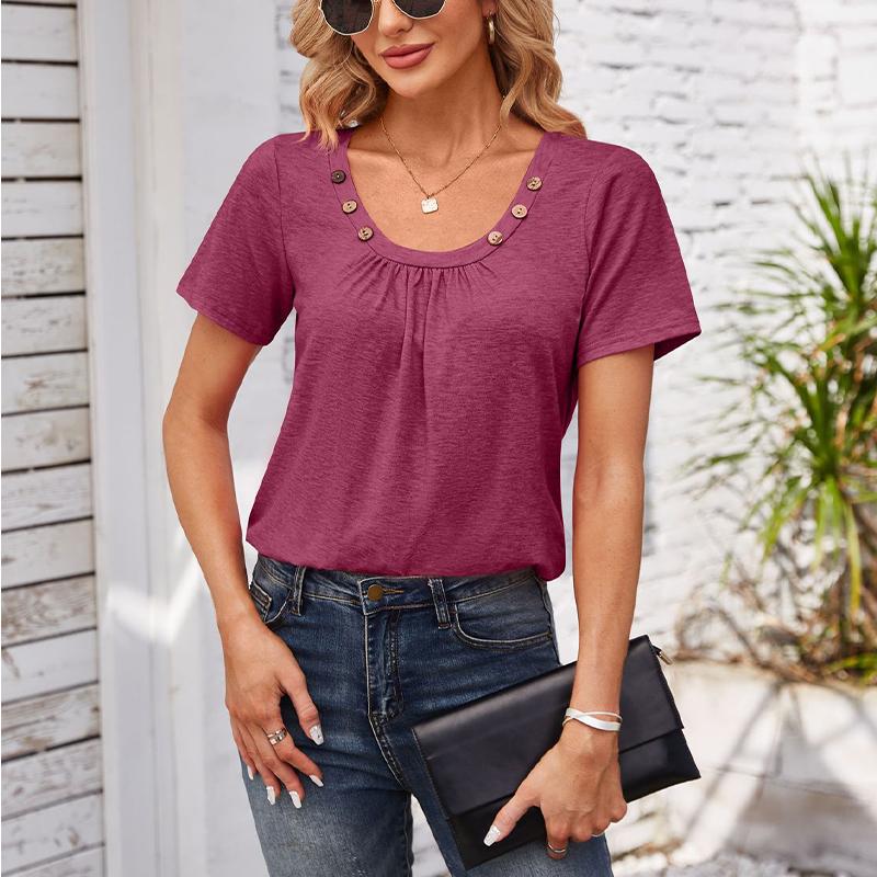 Women's Square-neck Top Pleated Solid Color Loose Button T-shirt