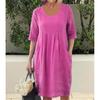 Women Loose Linen Cotton Short Sleeve Dress Round Neck Pleated Pocket
