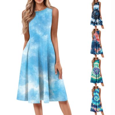 Women's Casual Fashion Tie-Dye Printed Round Neck Sleeveless Solid Color Midi Dress