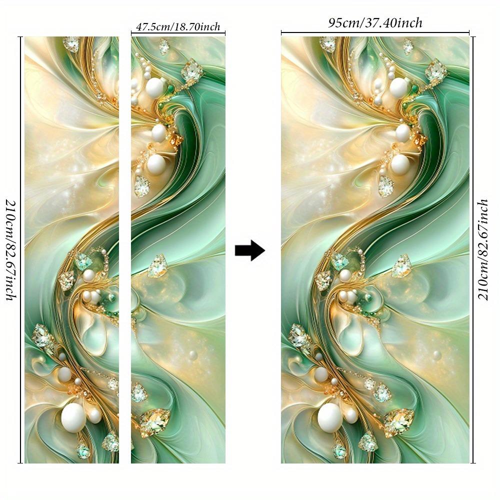 Moderne Geometrische Türsticker - Selbstklebende und abnehmbare Türsticker, grüne seidige Wellenlinien mit einem Schmuckmuster