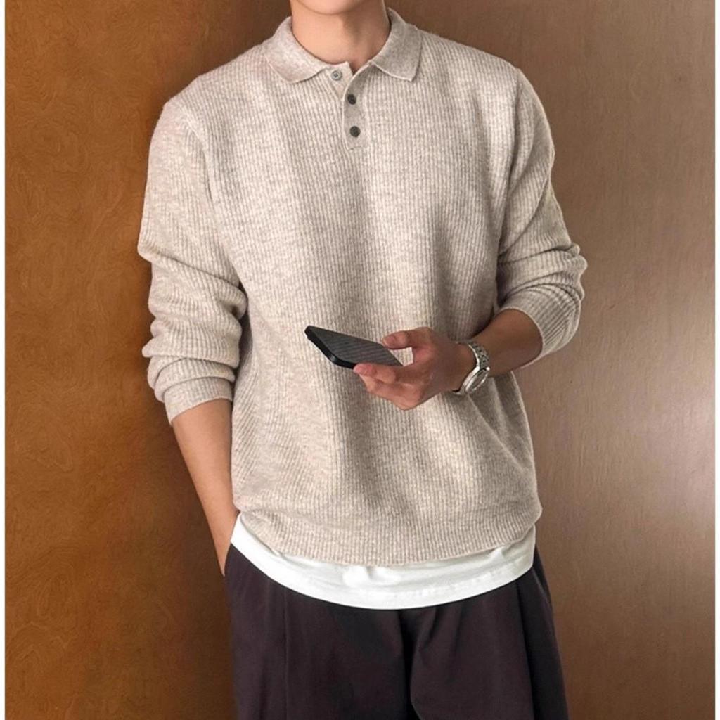 Apricot Retro Polo Collar Men's Sweater - Autumn/Winter Knitwear, Old Money Style Lapel Knit Top