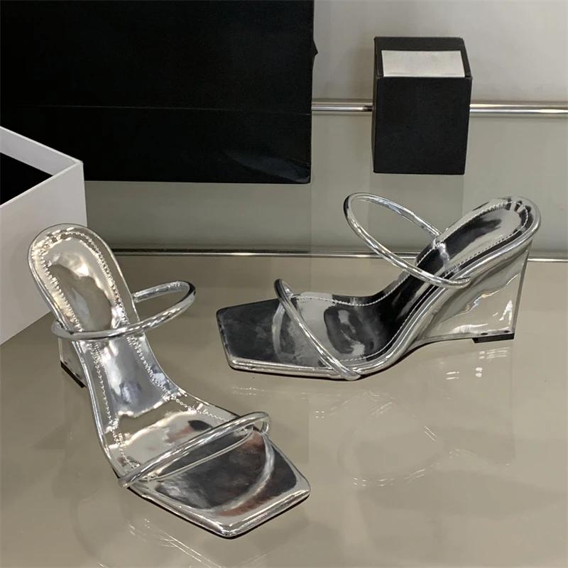 Fashion Eilyken Summer Square Toe Women's Slippers Fashion Transparent Wedge Heels Hollow Out Ladies Shoes Zapatos De Mujer