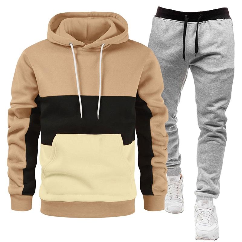 Men's Color Block Hoodie & Sweatpants Set Casual 2PCS Tracksuit, Drawstring Sportswear Outfit