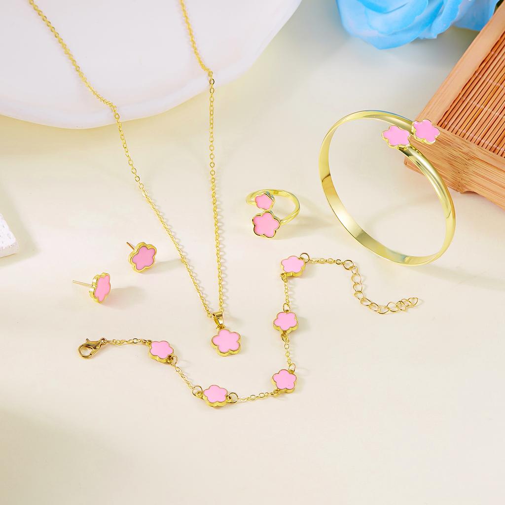 Romantic Pink Cherry Blossom Clavicle Chain Jewelry Set For Women Elegant Sweet Rose Flower Necklace Earrings Set Wedding Gift