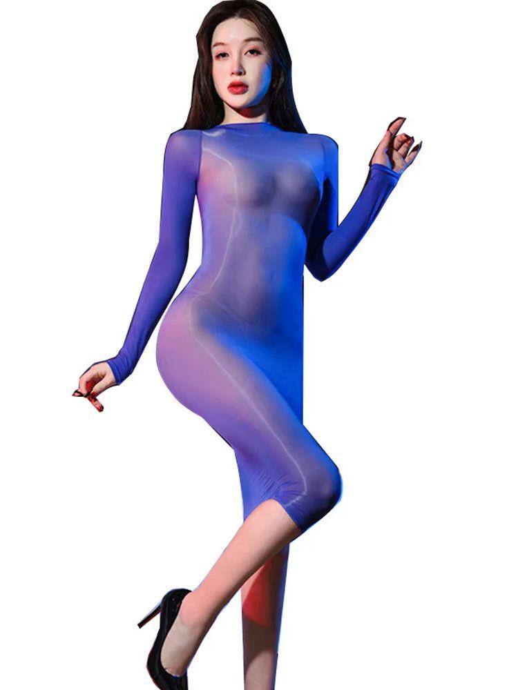 Long Sleeve Glossy Shiny Nylon Transparent Dress Tights Package Hip Minifalda Sexy Vestido Bodystocking Robe Dresses Miniskirt