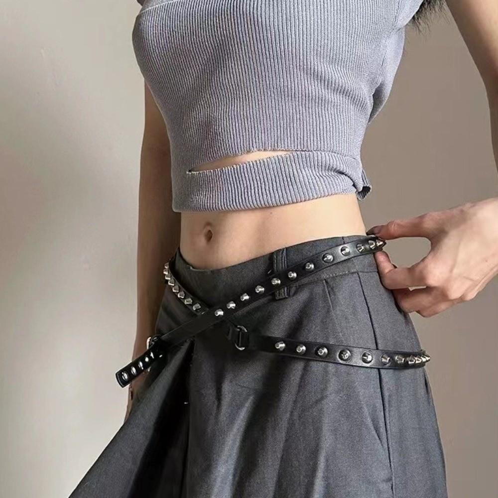Extra Long Leather Waist Belt Thin Dress Jeans Belt Cowboy Style Women's Rivet Belt Spicy Girls