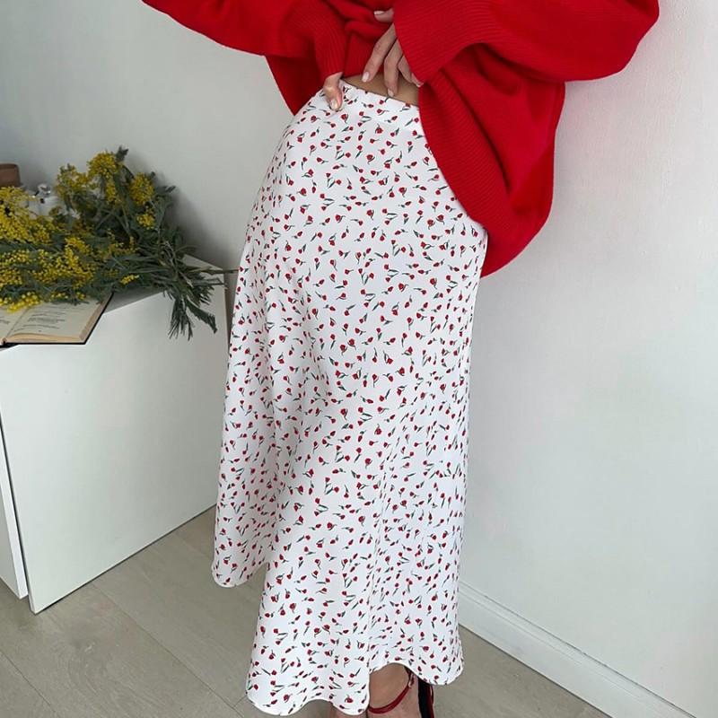 Floral Print Satin A-Line Midi Skirt Women Elegant Office Wear