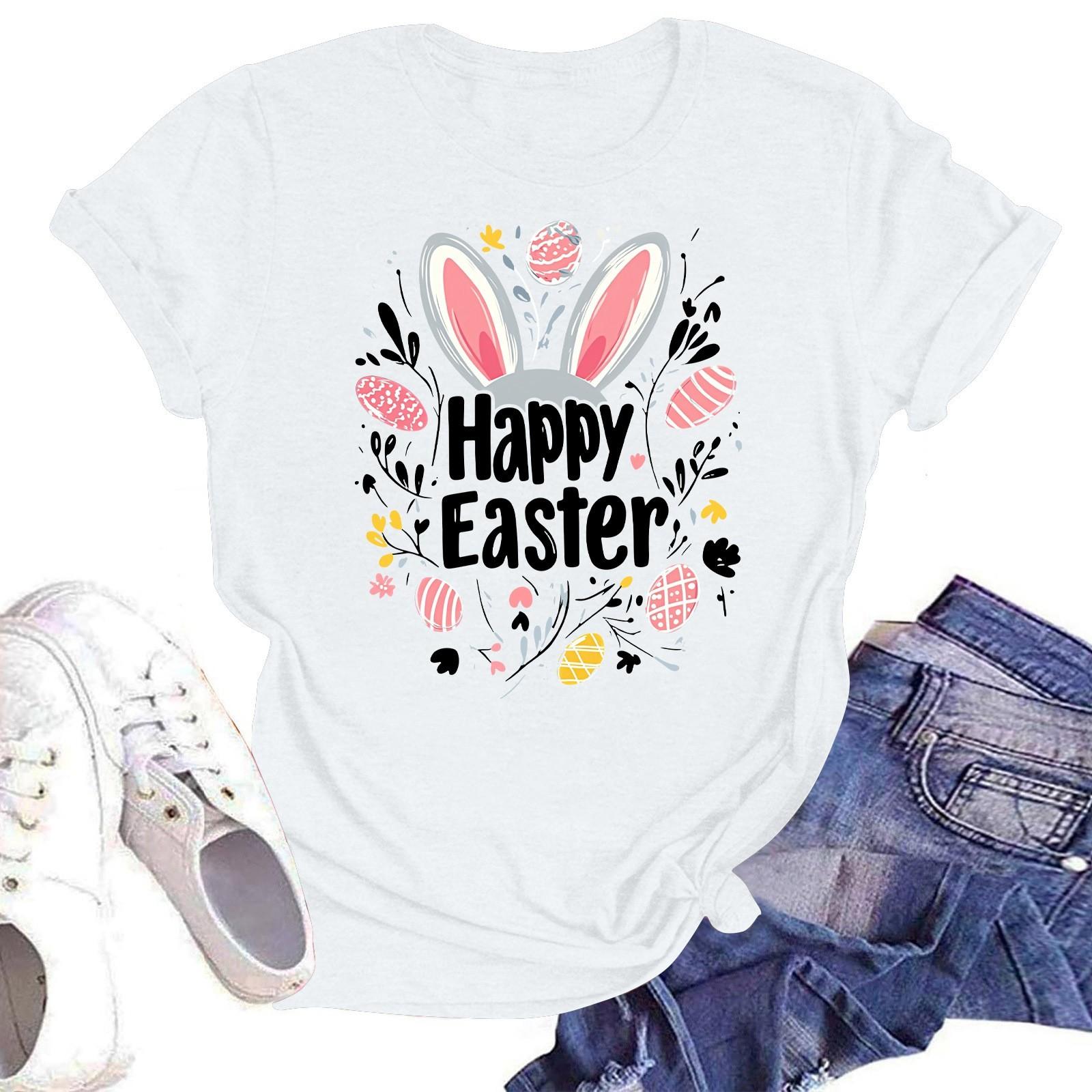

З Великоднем Жіноча Мода Принтована Футболка з Круглим Вирізом та Коротким Рукавом Пуловер Топ XL білий