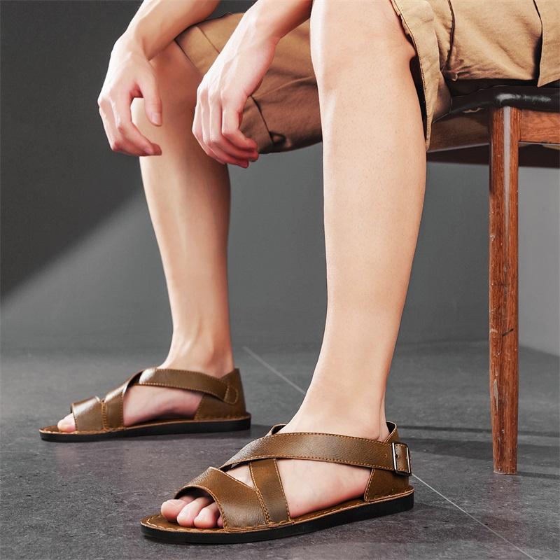 Sandali bassi semplici fatti a mano da uomo Sandali romani estivi Pelle rétro nero marrone Punta aperta Scarpe da spiaggia Taglie forti