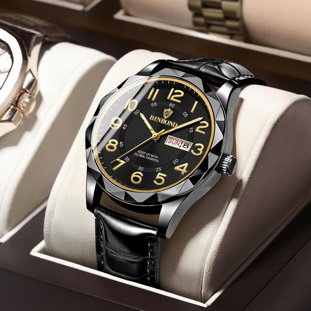 Fashion Ultra-thin Luminous Automatic Movement Waterproof Calendar Belt Men's Watch Business Fashion Student Quartz Watch