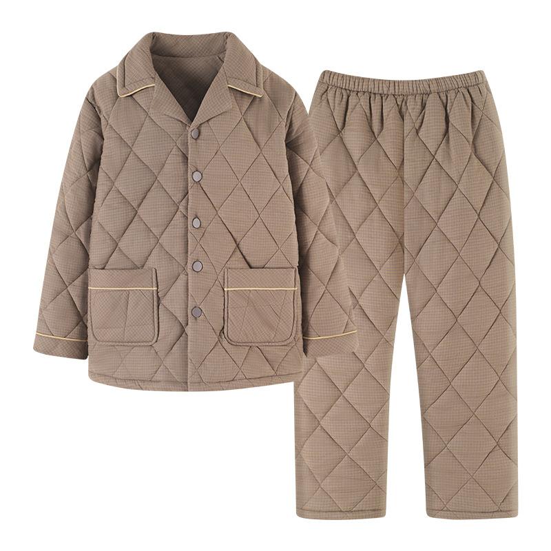 Men's three-layer padded pajamas winter thickened woven pure cotton warm padded jacket anti-static loungewear large size set