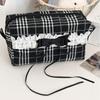 Sweet Causal Black White Checkered Makeup Bag for Schoolgirl Lace Korean Ins Style Large Cosmetic Case Cute Travel Organizer
