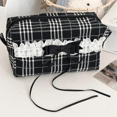 Sweet Causal Black White Checkered Makeup Bag for Schoolgirl Lace Korean Ins Style Large Cosmetic Case Cute Travel Organizer