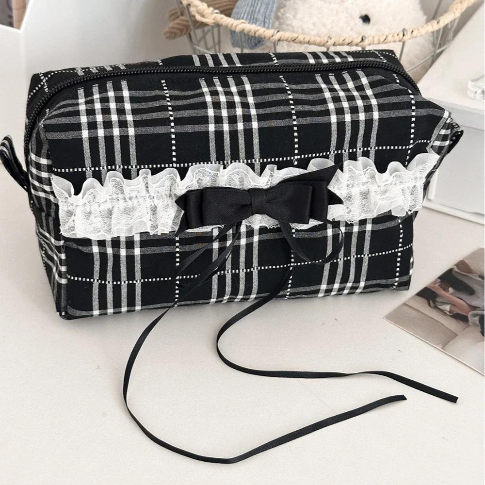 Sweet Causal Black White Checkered Makeup Bag for Schoolgirl Lace Korean Ins Style Large Cosmetic Case Cute Travel Organizer
