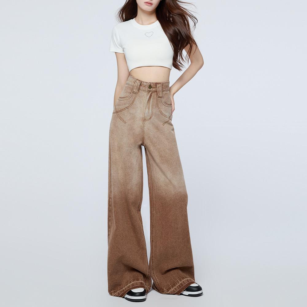 

Женские американские ретро джинсы с градиентом и широкими штанинами - Осенний приталенный дизайн S коричневый