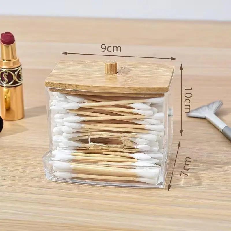 

For Bathroom, Bedroom Transparent 1 Household Cotton Swab Storage Tank Acrylic Square Bamboo Cover Storage Box Suitable