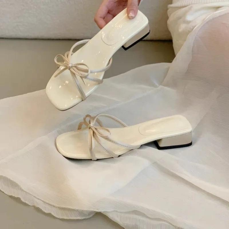 Fashion 2025 New French Evening Style Cool Slippers for Summer Women's Outdoor Wear Elegant Square Toe Dress with Thick Heel Sandals