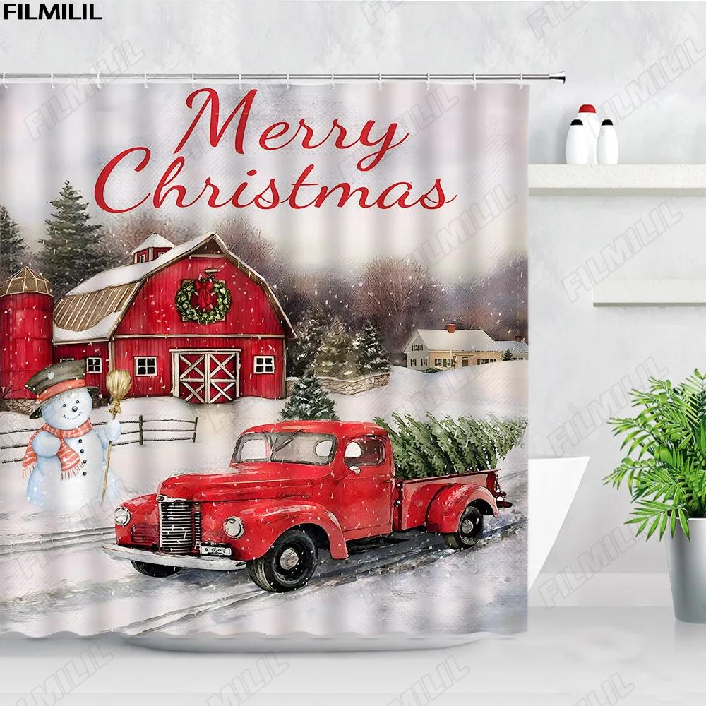 Retro olejomalba Vánoční sprchové závěsy Santa Claus Garland Xmas Tree Vintage krb Novoroční dekorace Sada koupelnových závěsů