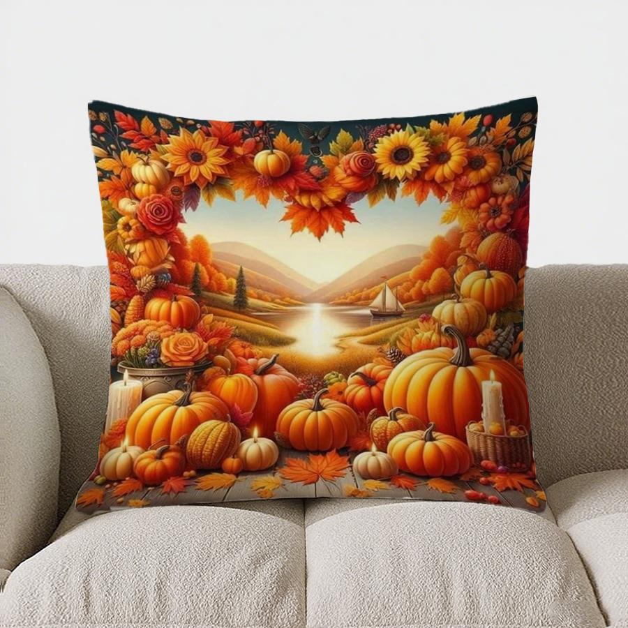 Home Decor Autumn Leaves & Pumpkins Decorative Pillow Cover Pattern Cushion Cover Suitable For Sofa Bedroom Car Pillow Cover