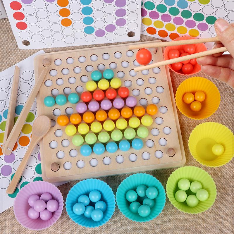 Wooden Children's Bead Puzzle Game Tweezers - Fun Hand-Eye Coordination Toy for Early Education