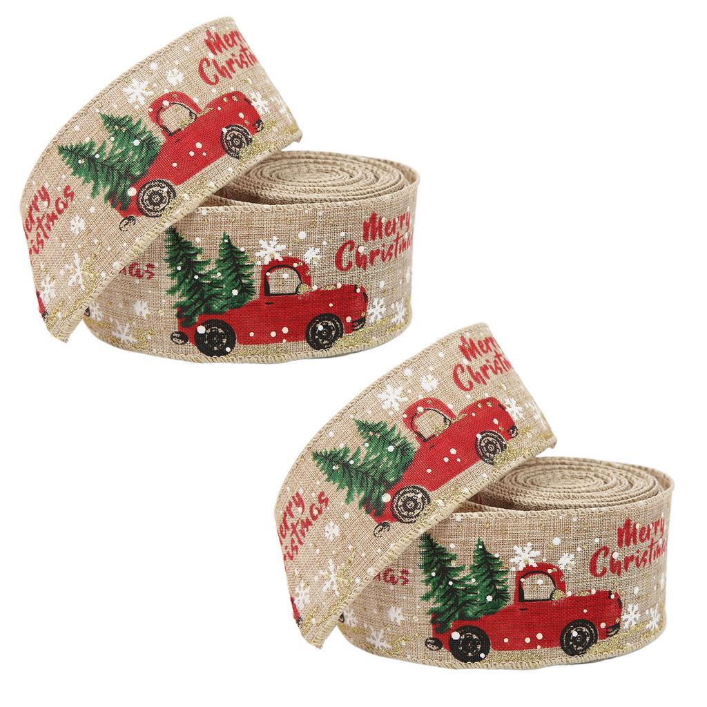2Pcs Christmas Ribbons Cartoon Retro Truck Pattern 5 Meters Decorative AccessoriesHemp