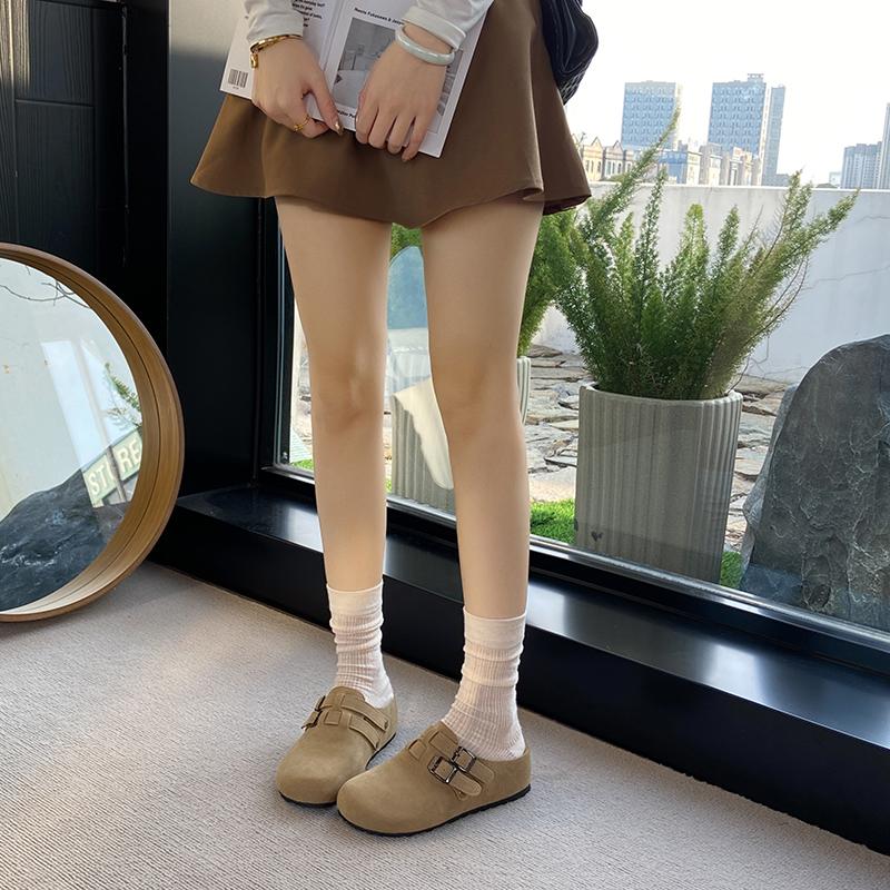 Fashion CRLAYDK Designer Women's Suede Footed Mules Buckle Adjustable Slip On Casual Soft Inner Increase Shoes Backless Walking Slippers