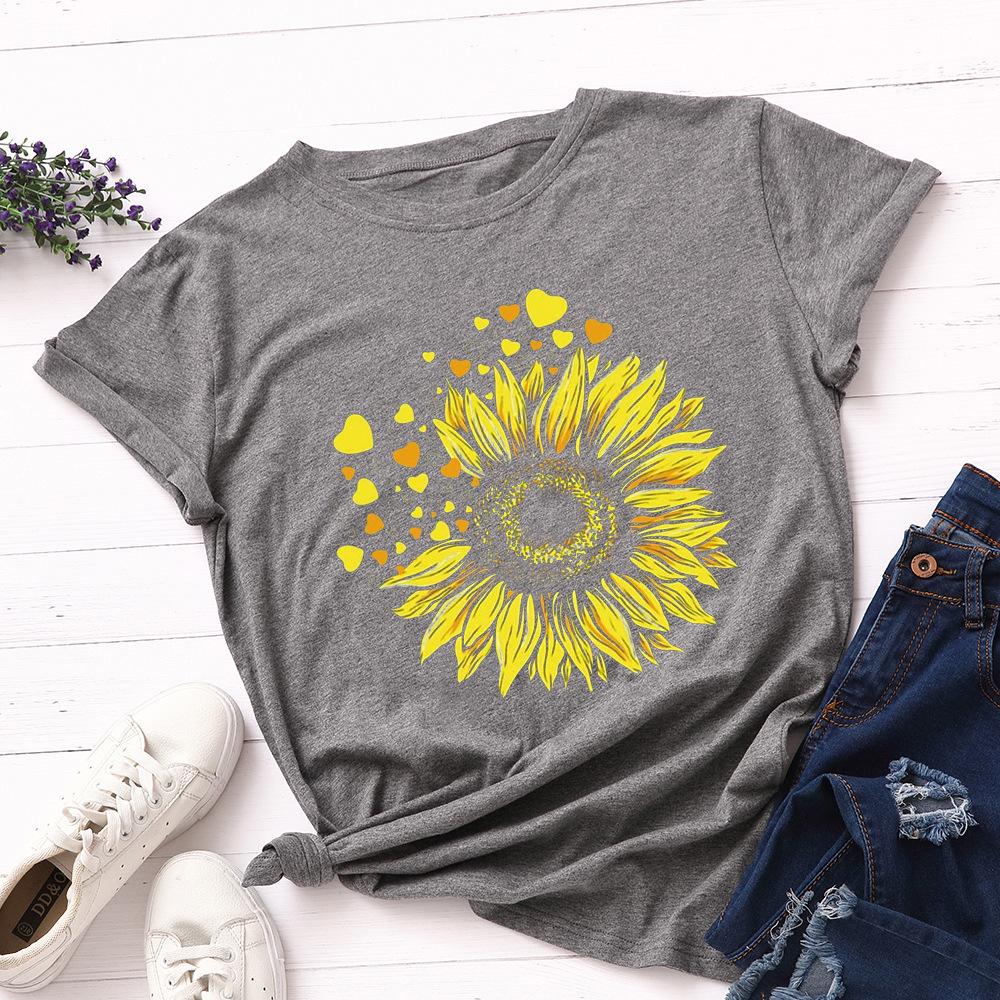 Cotton T-Shirt Short Sleeve Round Neck Women 2d Print Tops