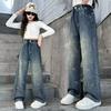 Girls Bow Jeans Pants Spring Kids Elastic Straight Denim Pants Autumn Teen Bowknot Print Wide-leg Trousers Fashion Elastic Pants