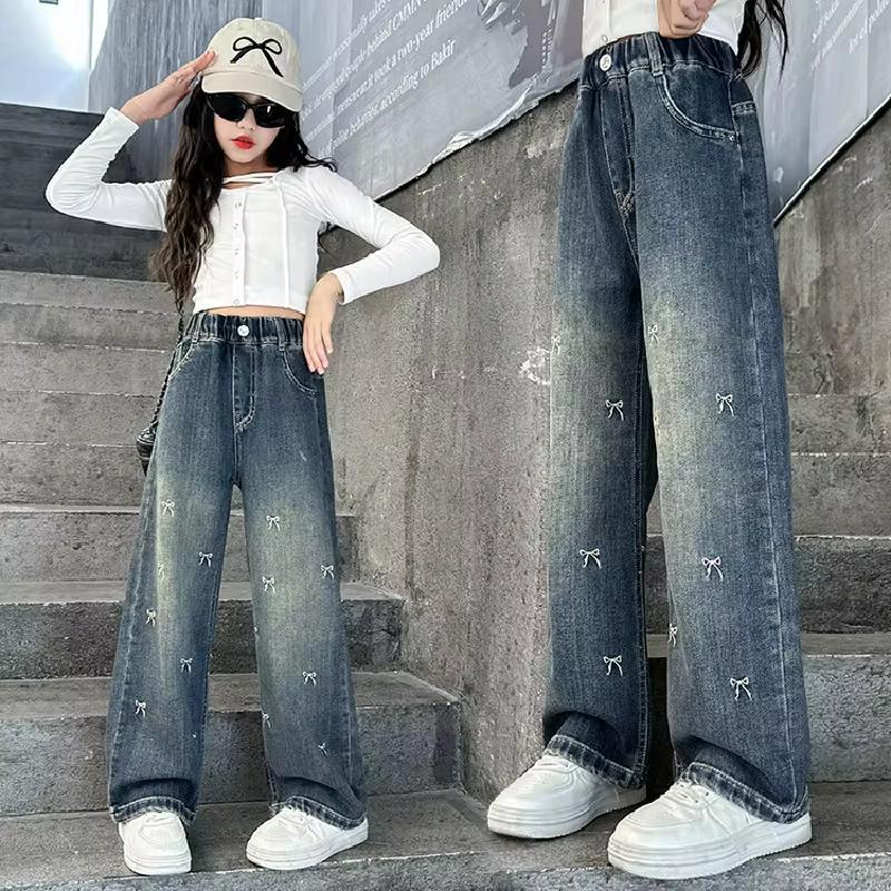 Girls Bow Jeans Pants Spring Kids Elastic Straight Denim Pants Autumn Teen Bowknot Print Wide-leg Trousers Fashion Elastic Pants
