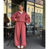 Womens 2-Piece Casual Set Half-Zip Stand Collar Short Top Loose Lantern Sleeve Wide Leg Pants